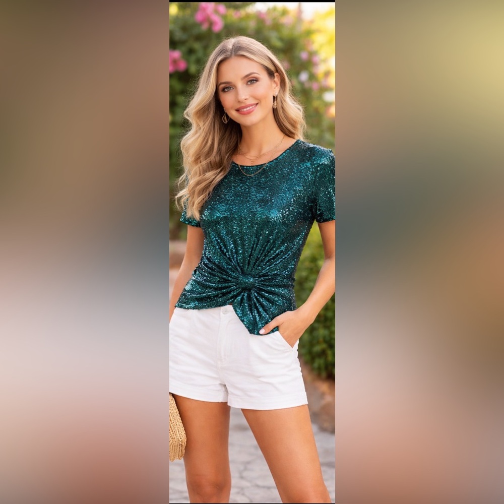 CeCe Emerald Green Sequin Knot Front Top Size Small NWT Party Blouse